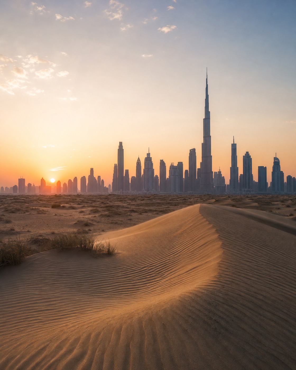 Панорама Дубая за песчаными дюнами на рассвете